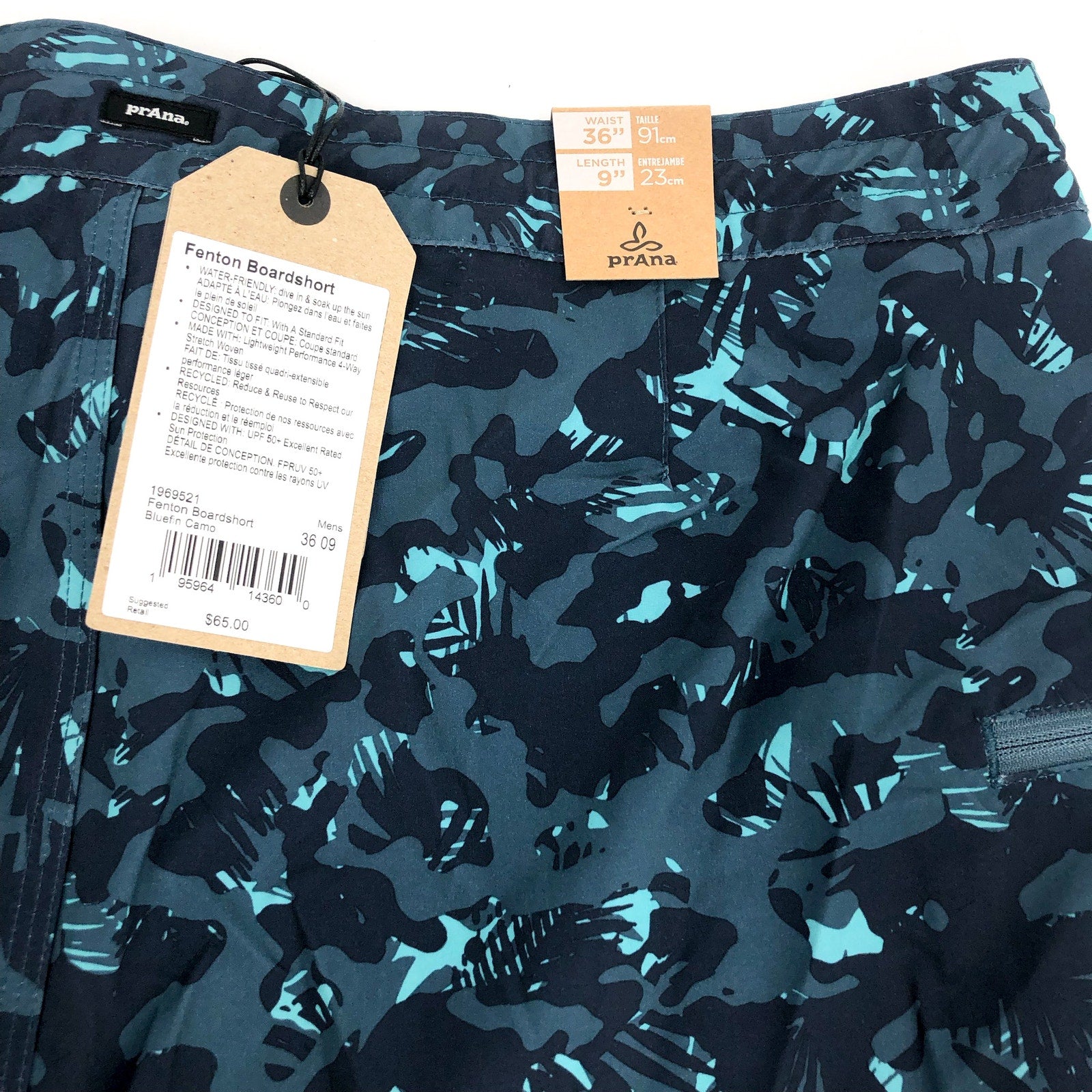 PRANA Men's Fenton Board Shorts Size 36 XL Bluefin Camo 9" Inseam UPF 50+ NWT