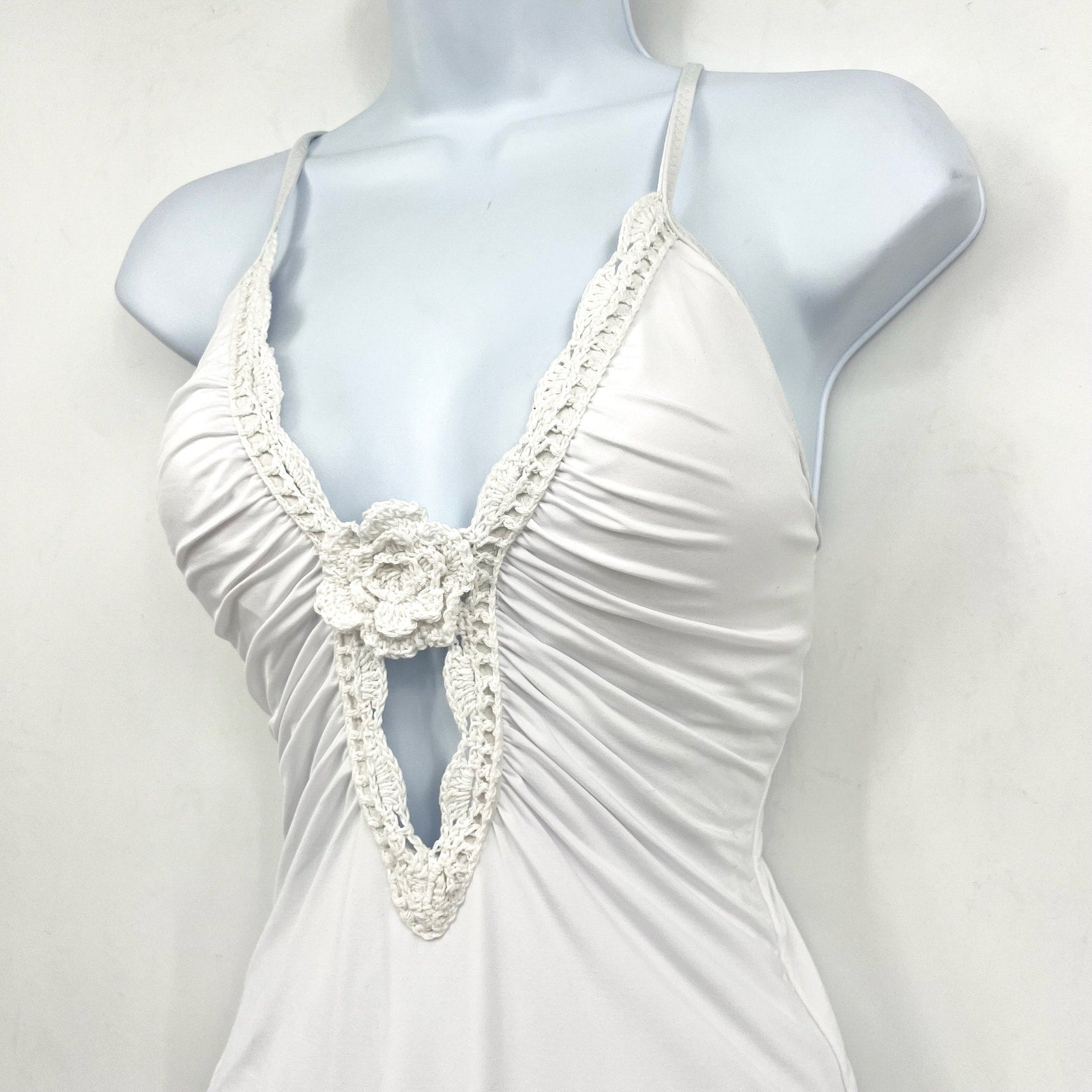 BECCA Colette Clare Plunge One Piece Swimsuit Small White Crochet Flower NWT