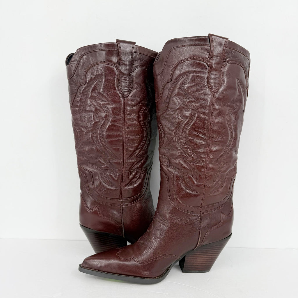 Sam Edelman Women James Western US 9 M Wide Calf Red Brown Burgundy Leather NWOB