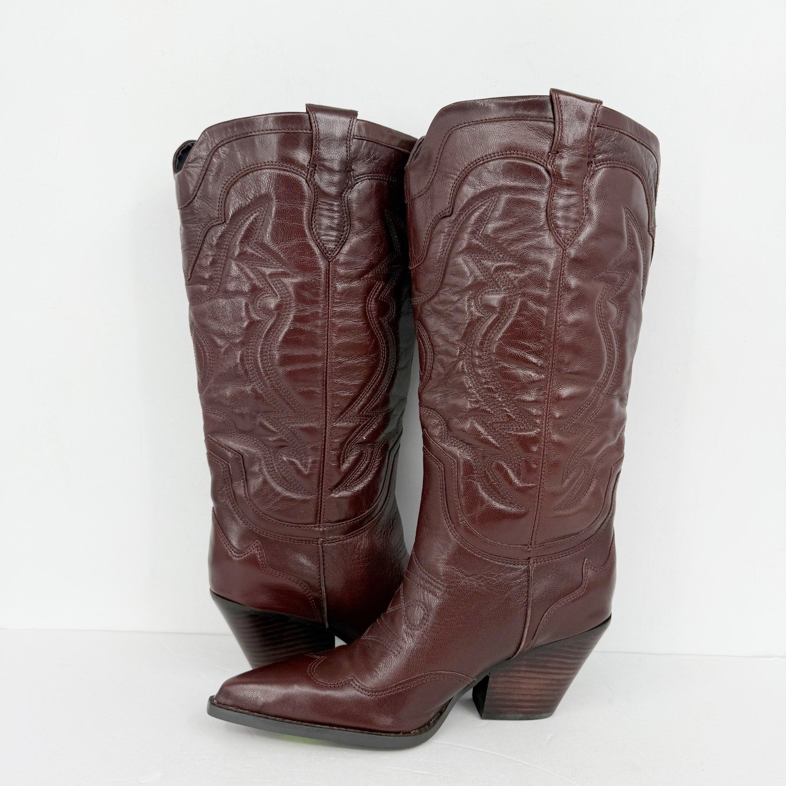 Sam Edelman Women James Western US 9 M Wide Calf Red Brown Burgundy Leather NWOB