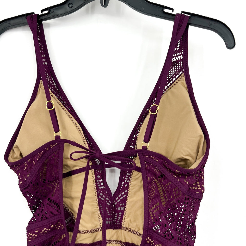 BECCA Women's Plunge One-Piece Swimsuit Large Purple Color Play Crochet NWT