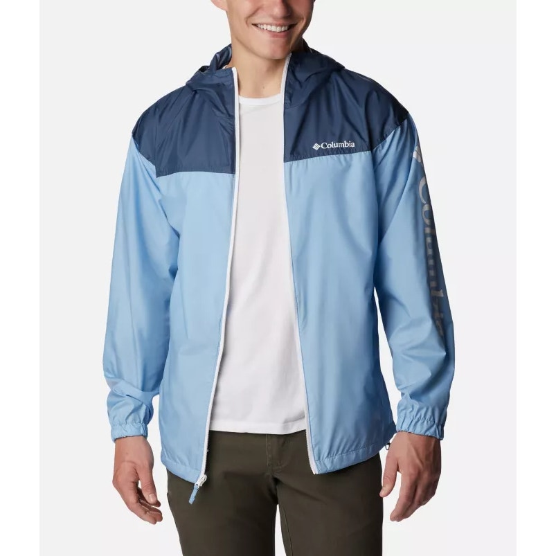 COLUMBIA Mens Flash Challenger Novelty Windbreaker Medium Blue Hooded Jacket NWT