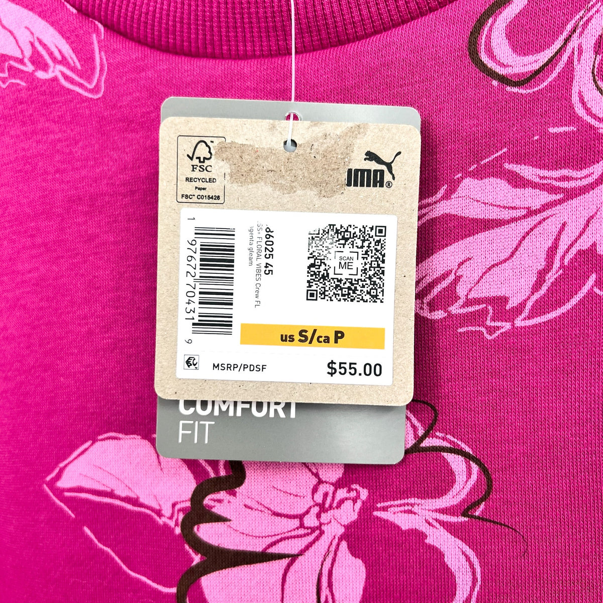 PUMA Women's Essentials Floral Vibes Sweatshirt Small Pink Magenta Crewneck NWT
