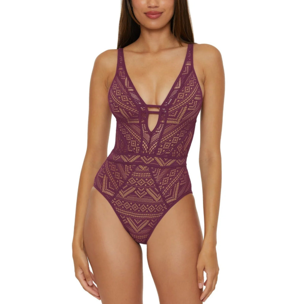 BECCA Women's Plunge One-Piece Swimsuit Large Purple Color Play Crochet NWT