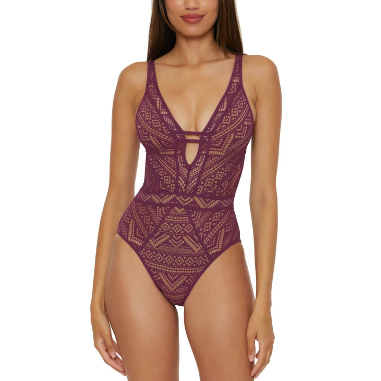 BECCA Women's Plunge One-Piece Swimsuit Large Purple Color Play Crochet NWT