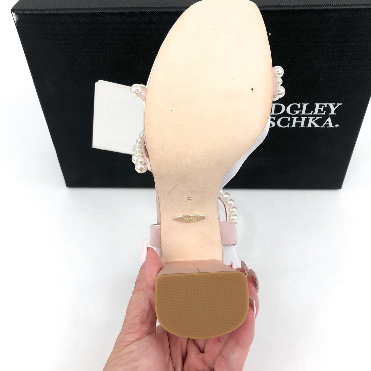 BADGLEY MISCHKA Women's Feisty Pearl Block Heel Dress Sandals 5 Soft Pink NIB