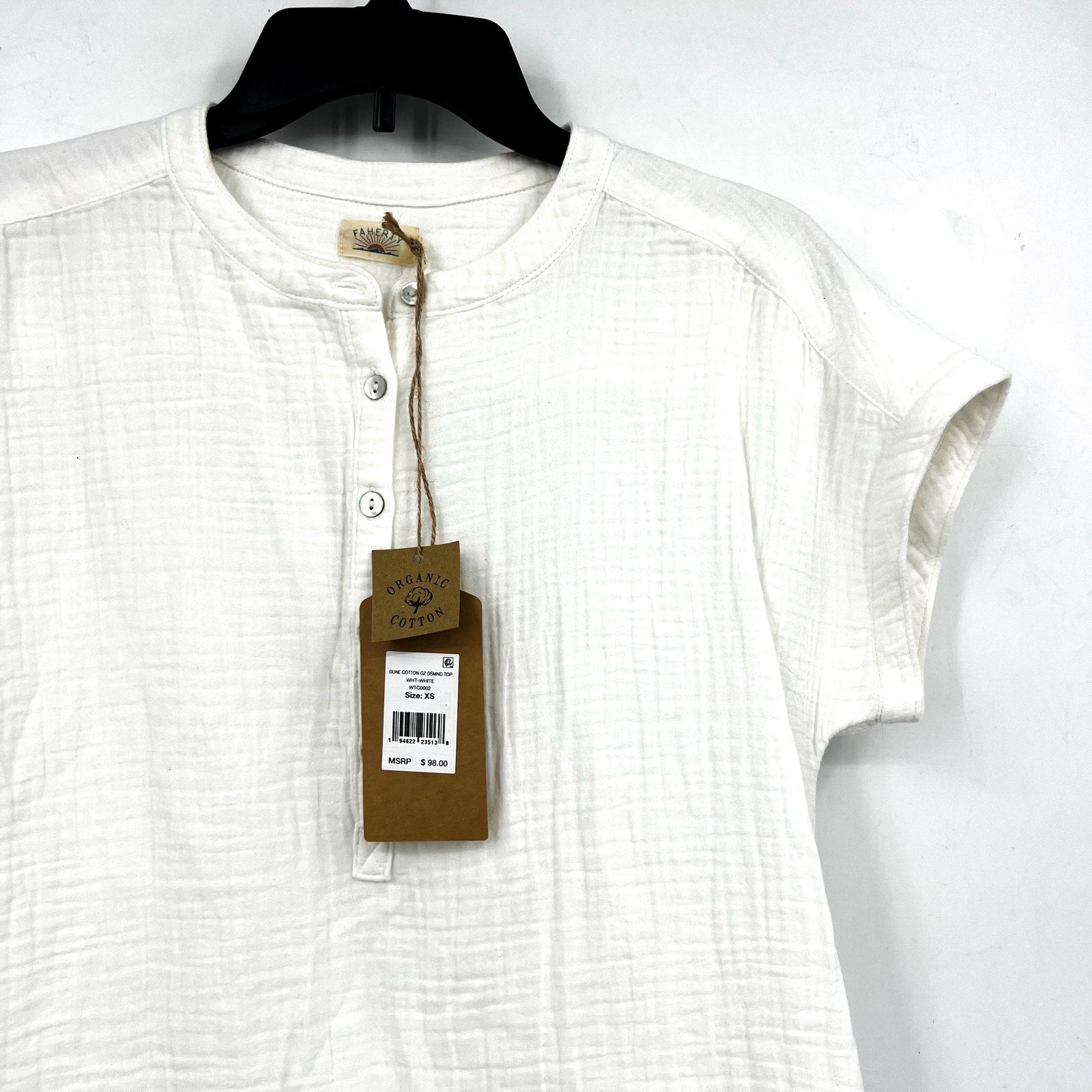 FAHERTY Women's Dune Desmond Top XS White Cotton Gauze Half Placket NWT