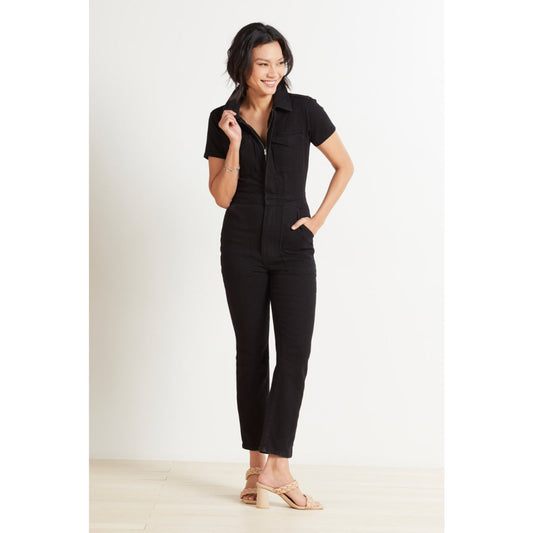 GOOD AMERICAN Fit For Success Short Sleeve Denim Jumpsuit Black Size 3 Large