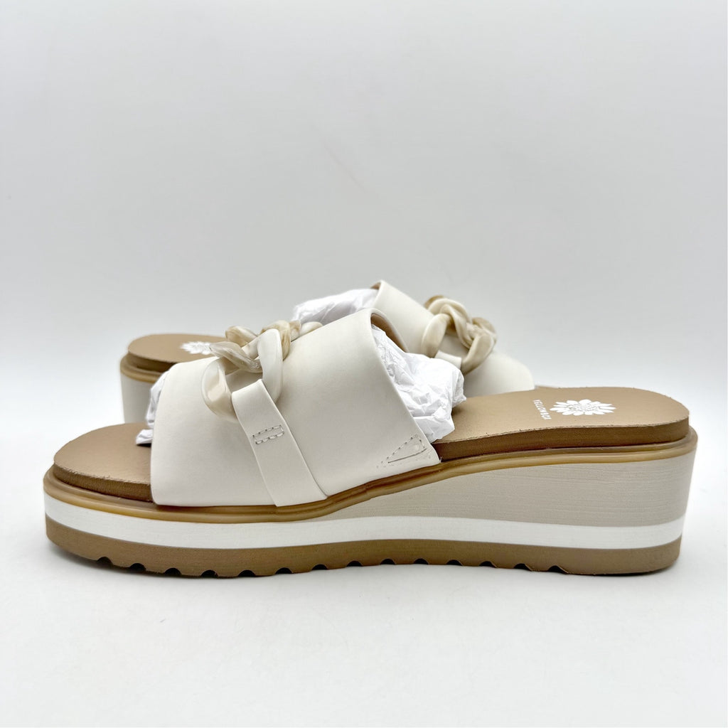 Yellow Box Womens Alora Wedge Slide Sandals US 7 M White Tan Vegan Leather NWOB