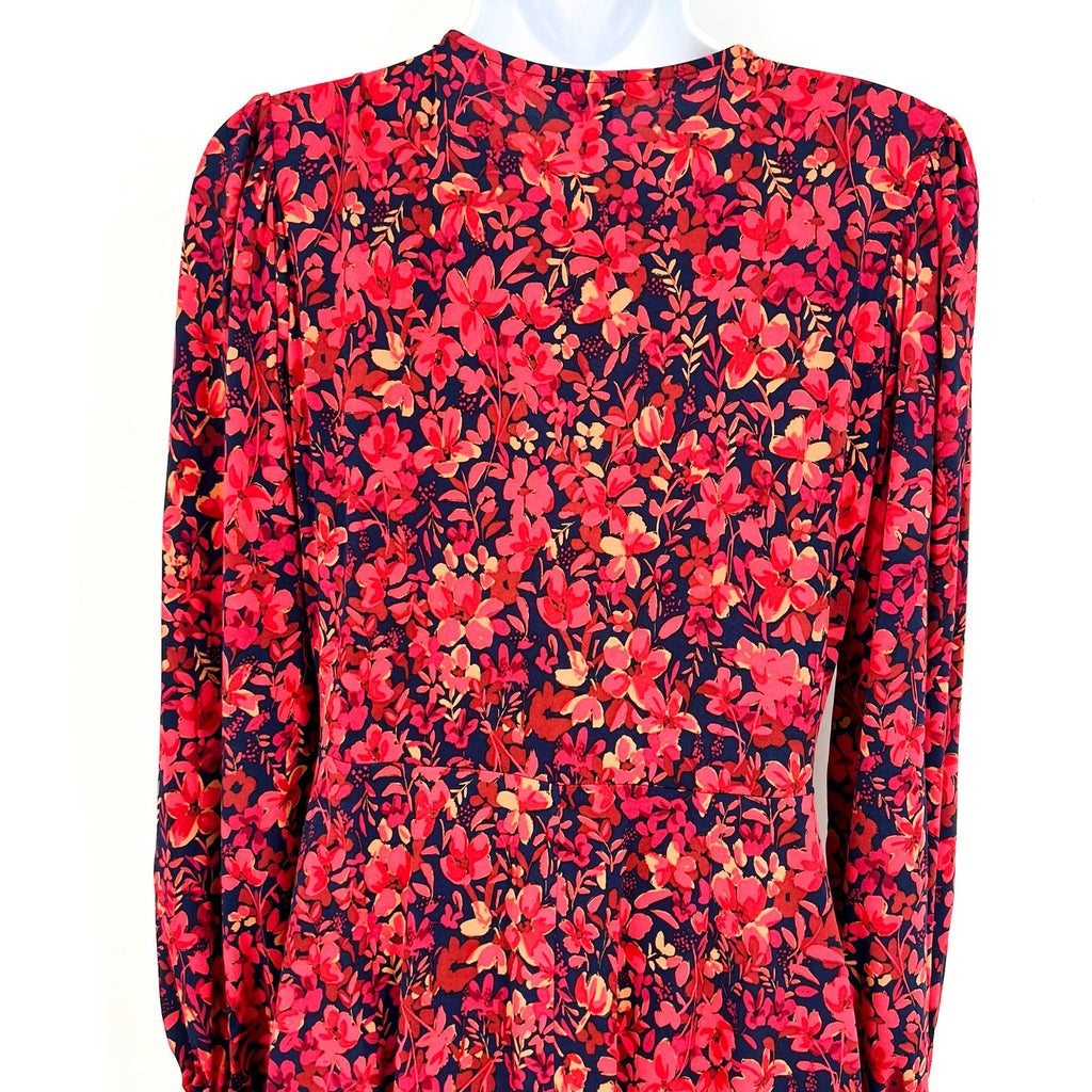 MAGGY LONDON Womens Floral V-Neck Dress Small Navy Blue Red Smocked NWT
