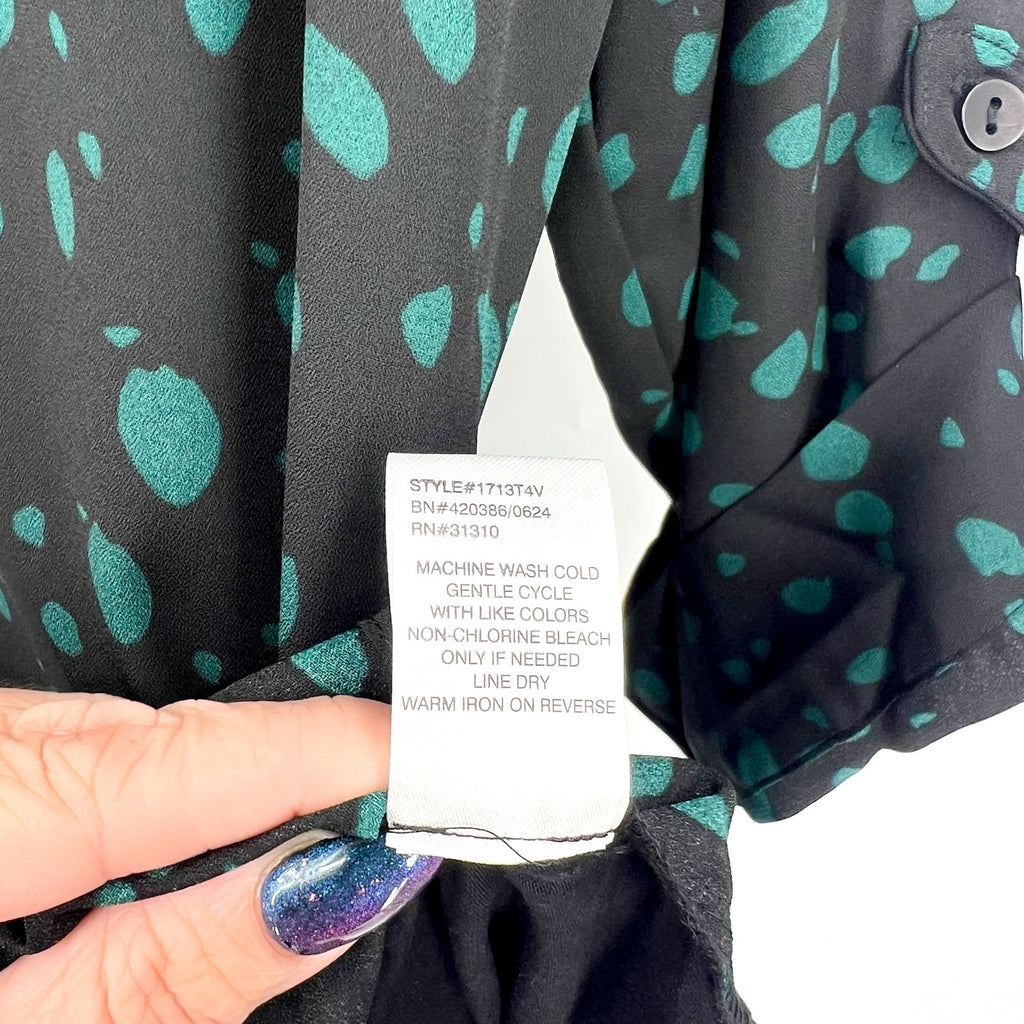 FORTUNE + IVY Womens Tulsa Mixed Material Blouse Small Black Green Abstract NWOT