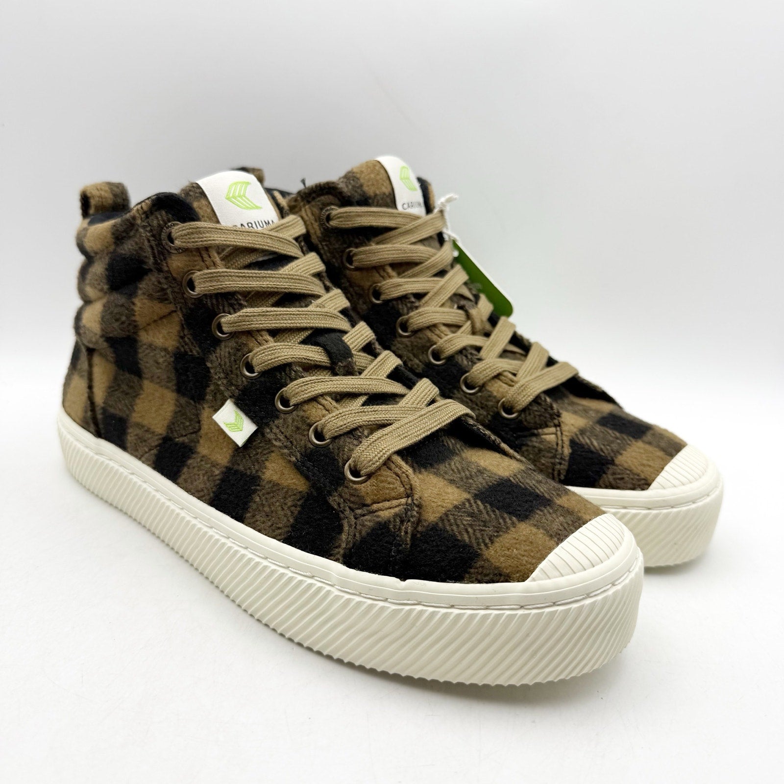 Cariuma Womens OCA High Top Sneakers US 8.5 Brown Black Plaid Organic Cotton NIB