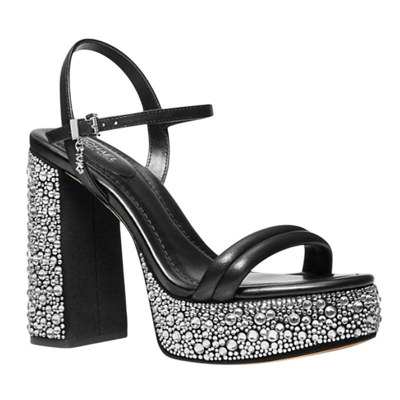 Michael Kors Women Laci Platform Heel Sandal 9.5 Black Leather Embellished NWOB