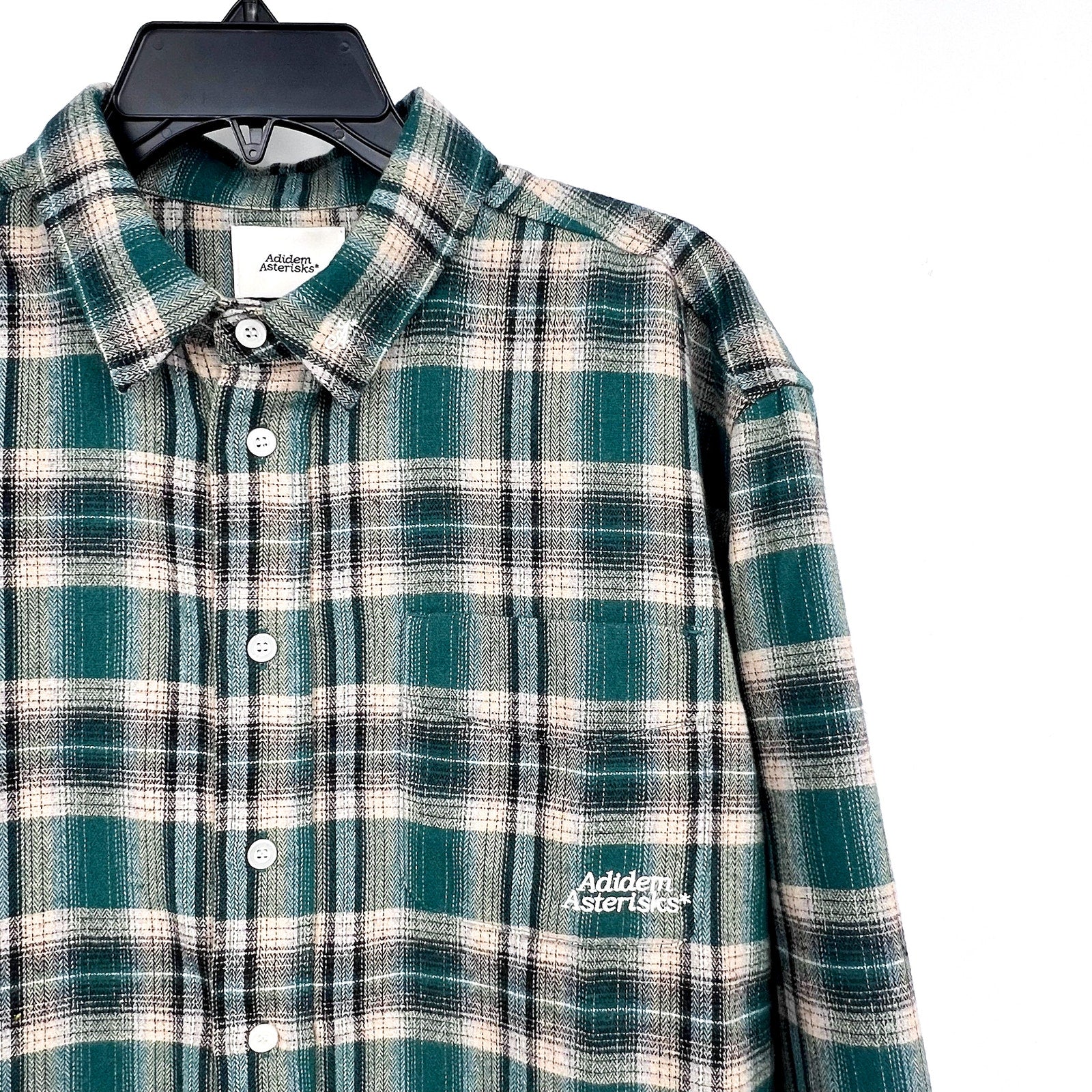 ADIDEM ASTERISKS Men's Button Down Flannel Shirt Small Green Plaid NWOT