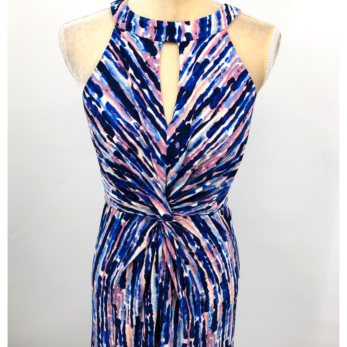 ELIZA J Keyhole Twist Maxi Dress Size 6 Blue Multi Printed Halter Neck NWT
