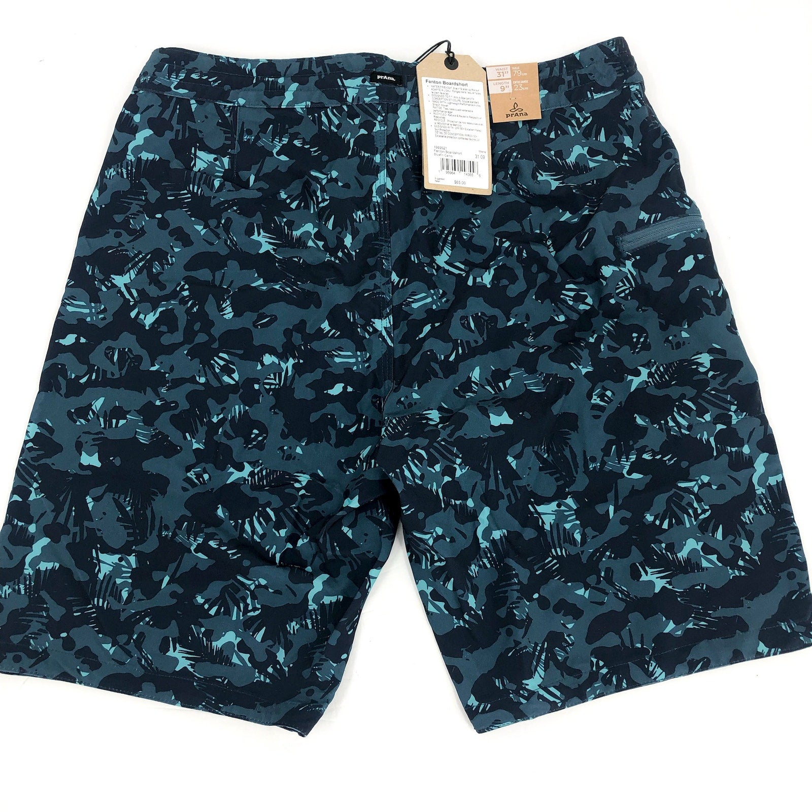 PRANA Men's Fenton Board Shorts Size 31 Small Bluefin Camo 9" Inseam UPF 50+ NWT