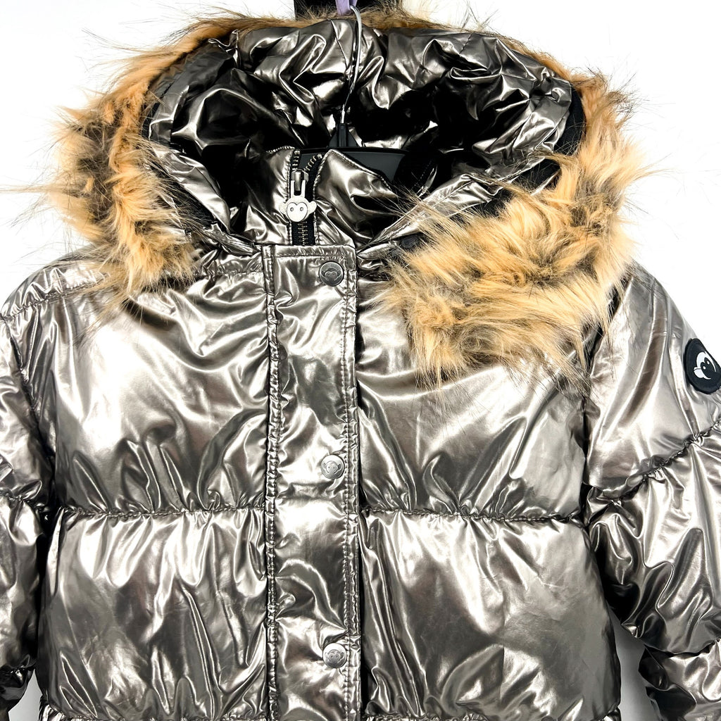 APPAMAN Girls Kyla Puffer Coat Size 14 Silver Lustrous Metallic Faux Fur NWT