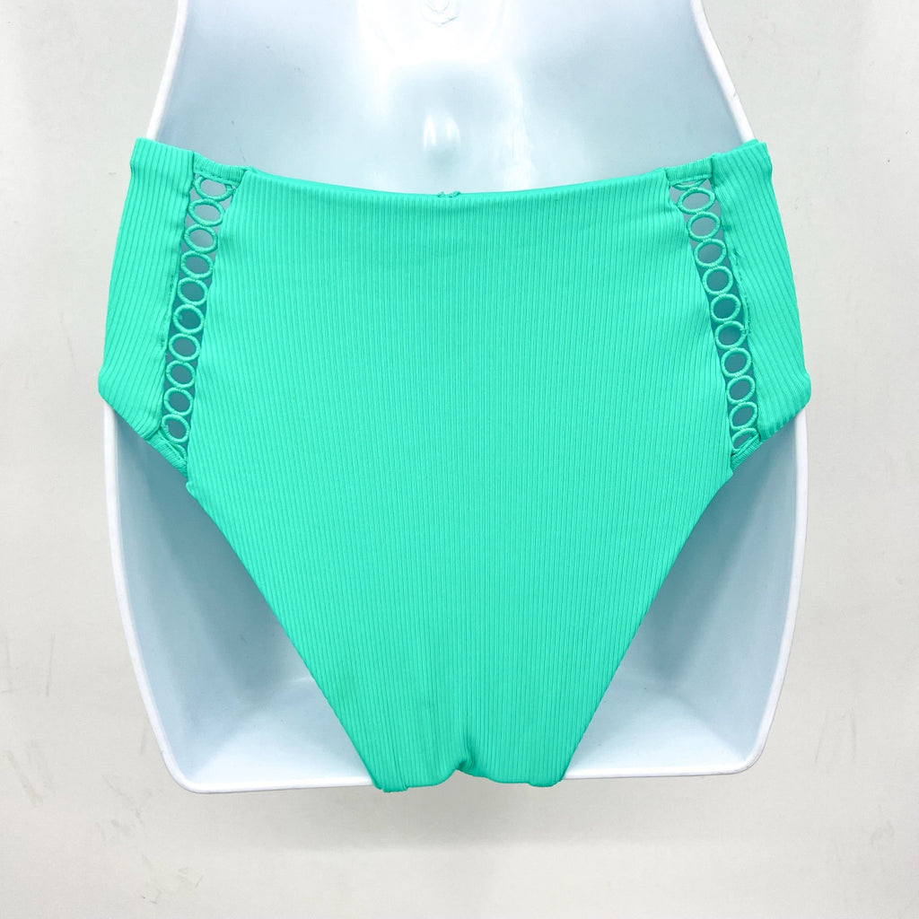 BECCA High Waist Bikini Bottoms Medium Green Aqua Sea Modern Edge Cut Out NWT