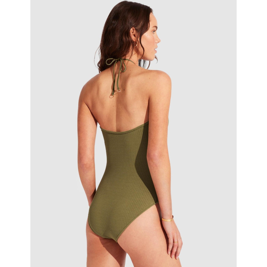 SEAFOLLY Sea Dive Bandeau Maillot One Piece Swimsuit Size 6 Green Khaki NWT