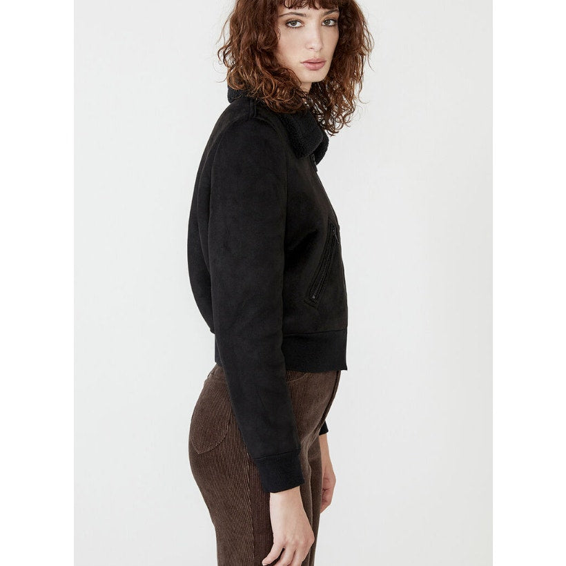 BARDOT Women's Shearling Bomber Jacket Small US 4 Black Faux Suede Cropped NWT