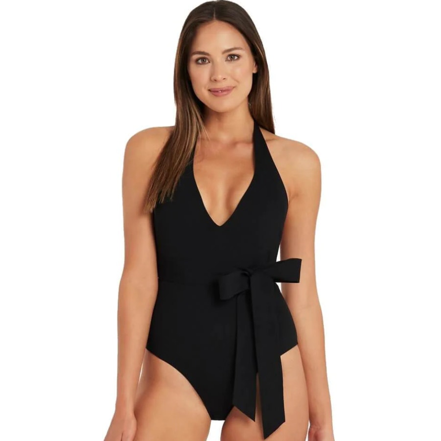 SEA LEVEL Dark Romance Bonded Belt Plunge One Piece Swimsuit Black 10 Halter Bow