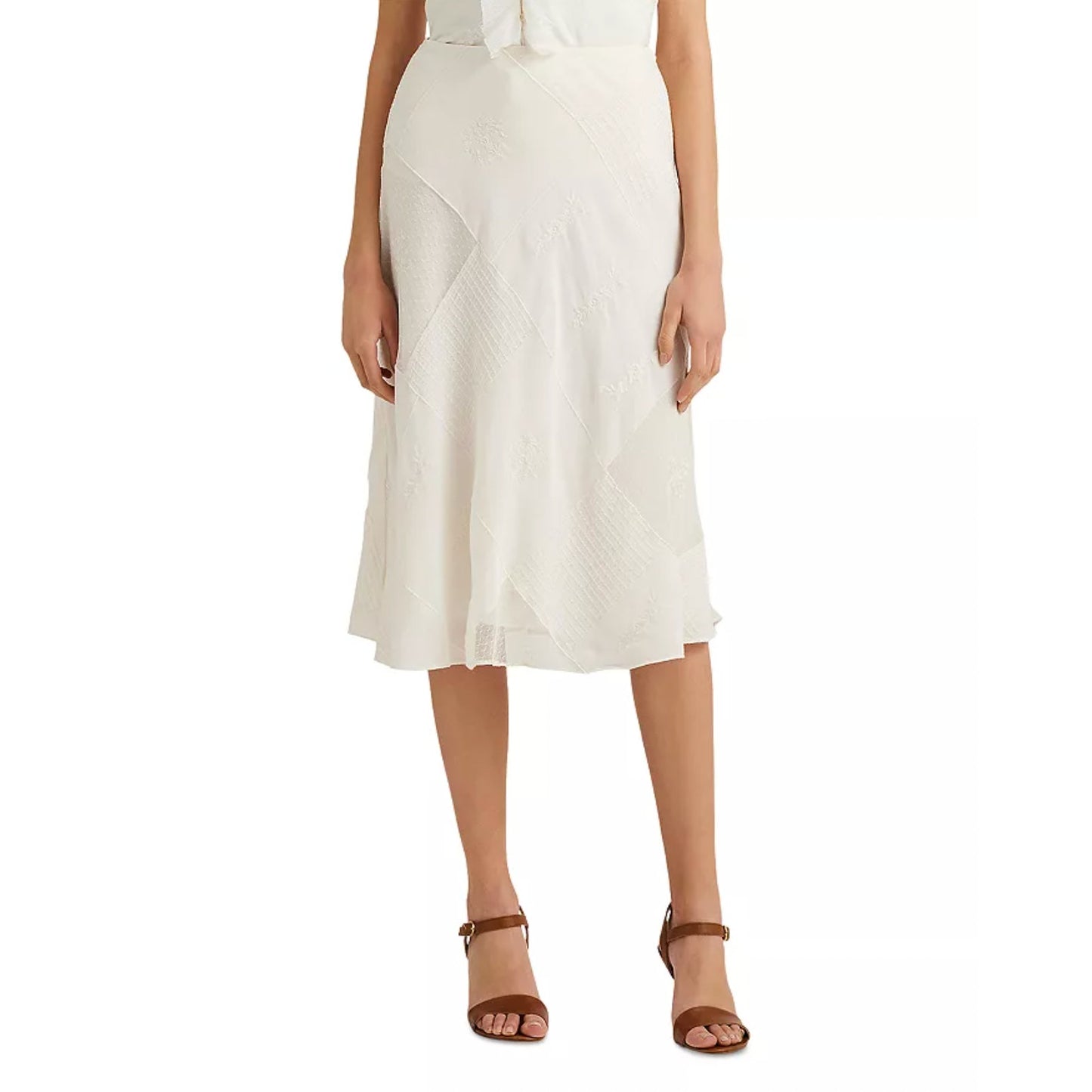 LAUREN RALPH LAUREN Women's Mesh Lace Midi Flared Skirt Size 6 White