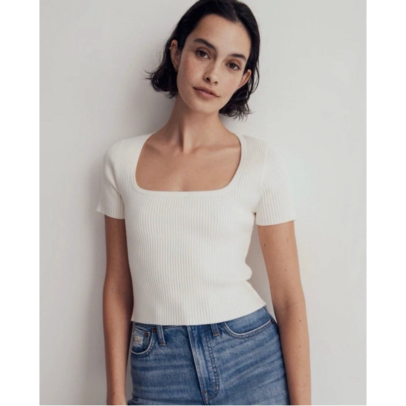 MADEWELL Womens Ottoman Crop Sweater Tee XXS Bright Ivory Short Sleeve Top NWT