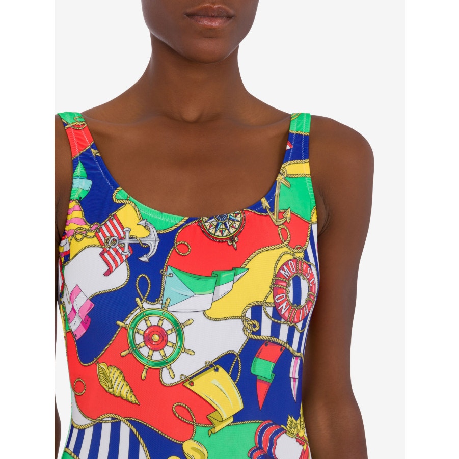 MOSCHINO Women's Allover Nautical Print One Piece Swimsuit Size 6 Red Blue NWOT