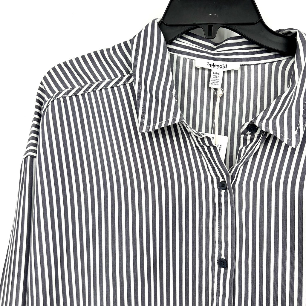SPLENDID COLLECTION Ella Stripe Button Down Shirt Large Gray White NWT