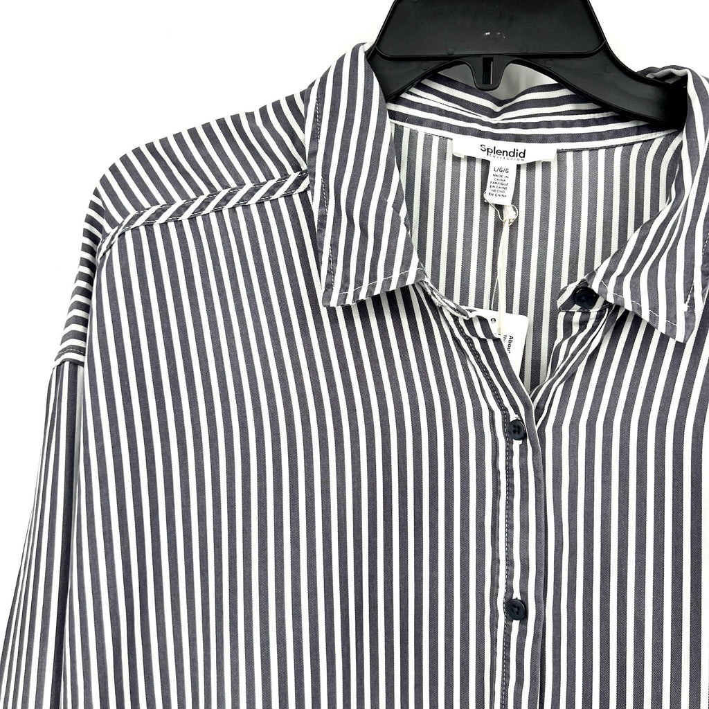 SPLENDID COLLECTION Ella Stripe Button Down Shirt Large Gray White NWT