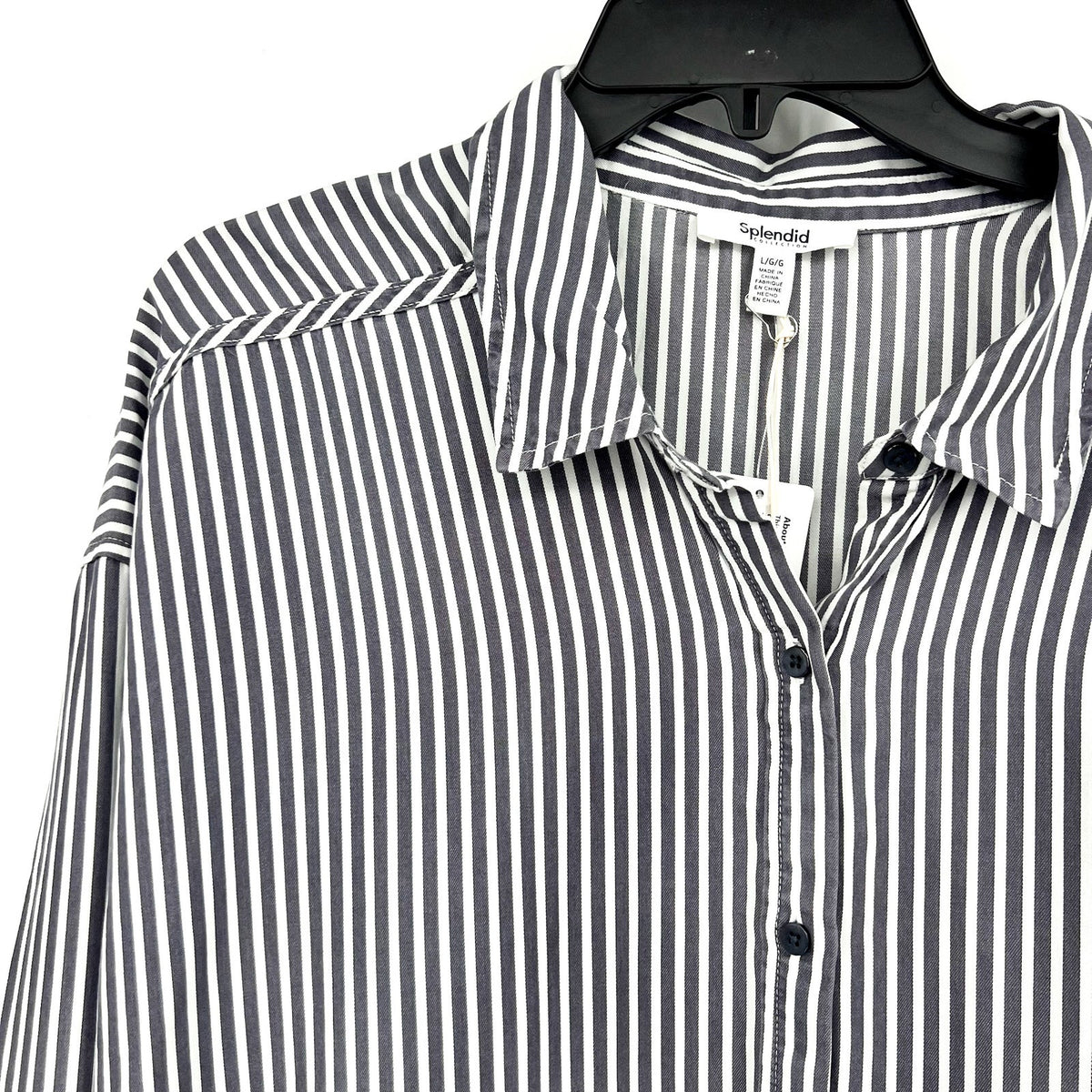 SPLENDID COLLECTION Ella Stripe Button Down Shirt Large Gray White NWT