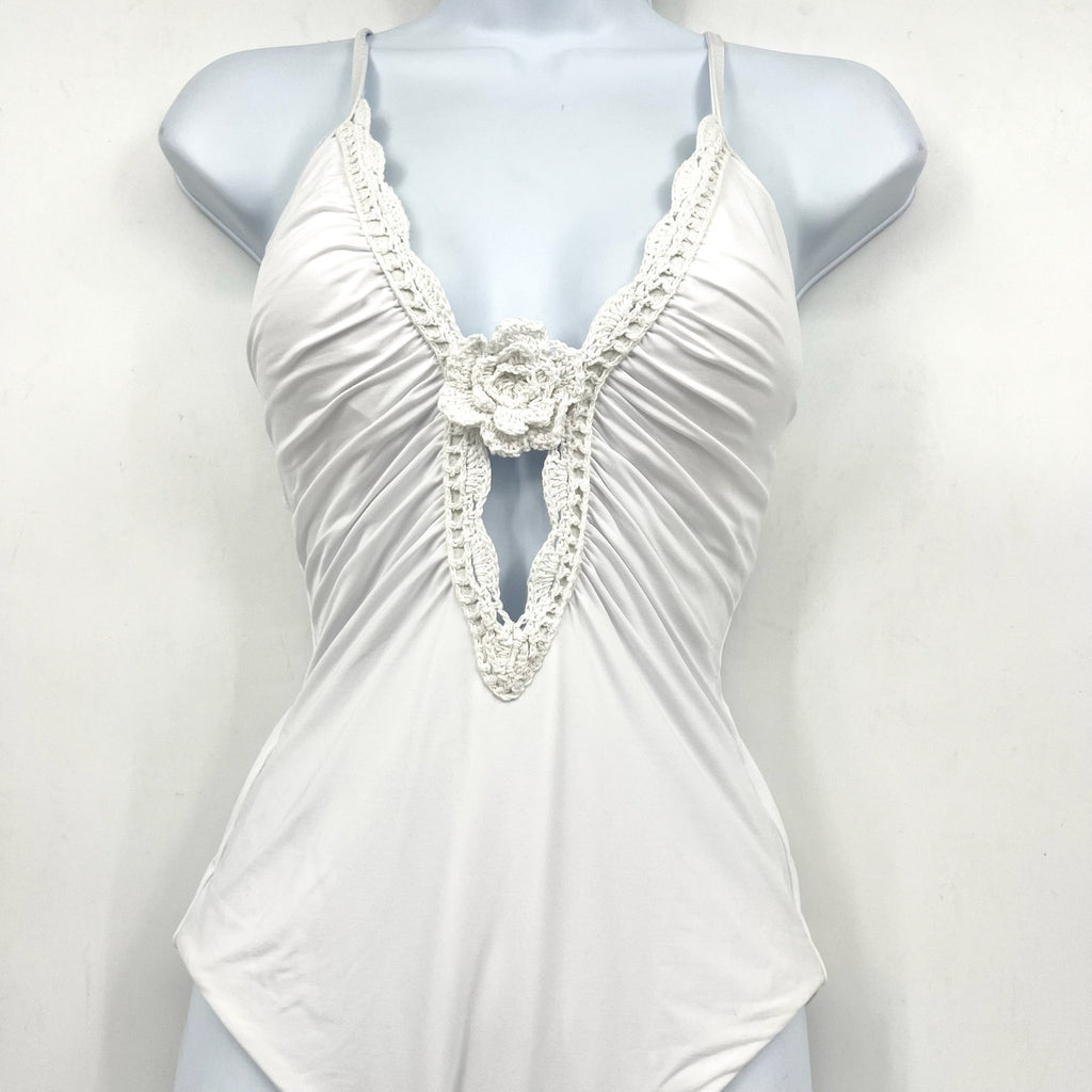 BECCA Colette Clare Plunge One Piece Swimsuit Small White Crochet Flower NWT
