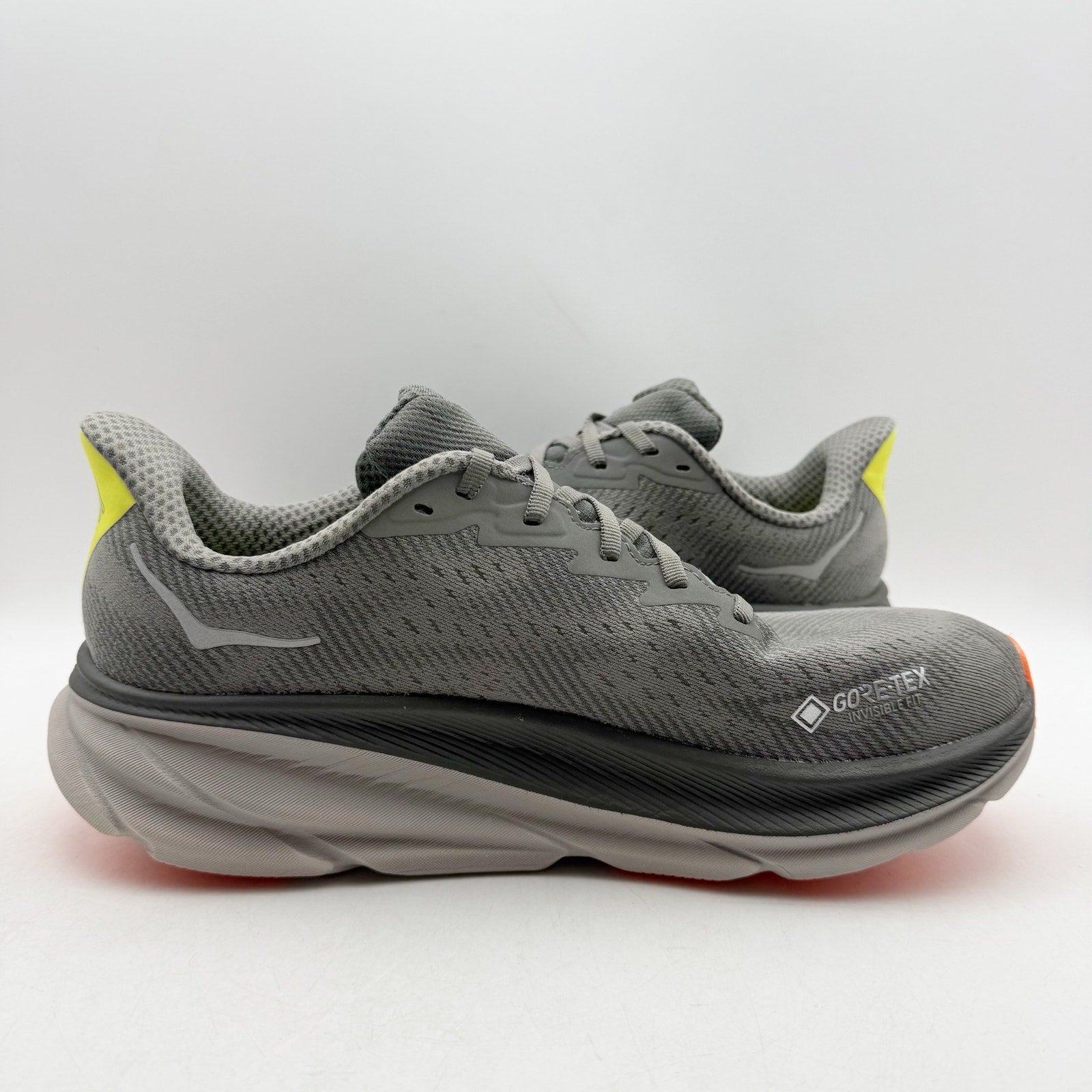 Hoka Mens Clifton 9 GTX Running Sneakers US 10 D Grey Orange WP Athletic NWOB