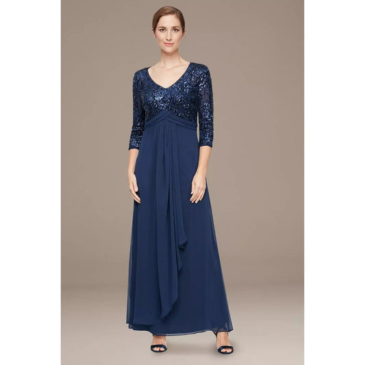 ALEX EVENINGS Sequin Gown Size 12 Navy Blue Cascade Empire-Waist MOB Guest NWT