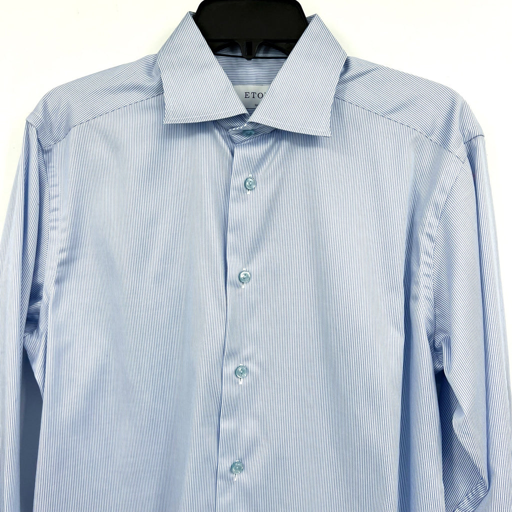 ETON Men's Slim Fit Poplin Thin Stripe Dress Shirt Size 39/15.5 Blue White NWOT
