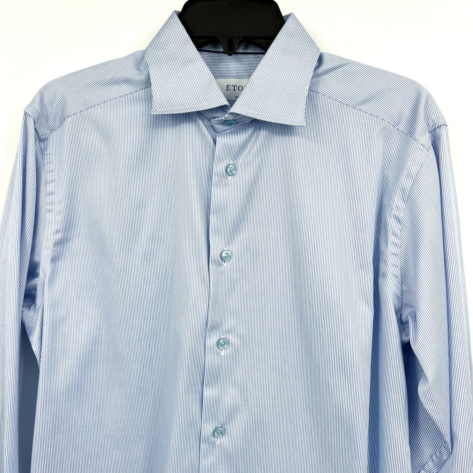 ETON Men's Slim Fit Poplin Thin Stripe Dress Shirt Size 39/15.5 Blue White NWOT
