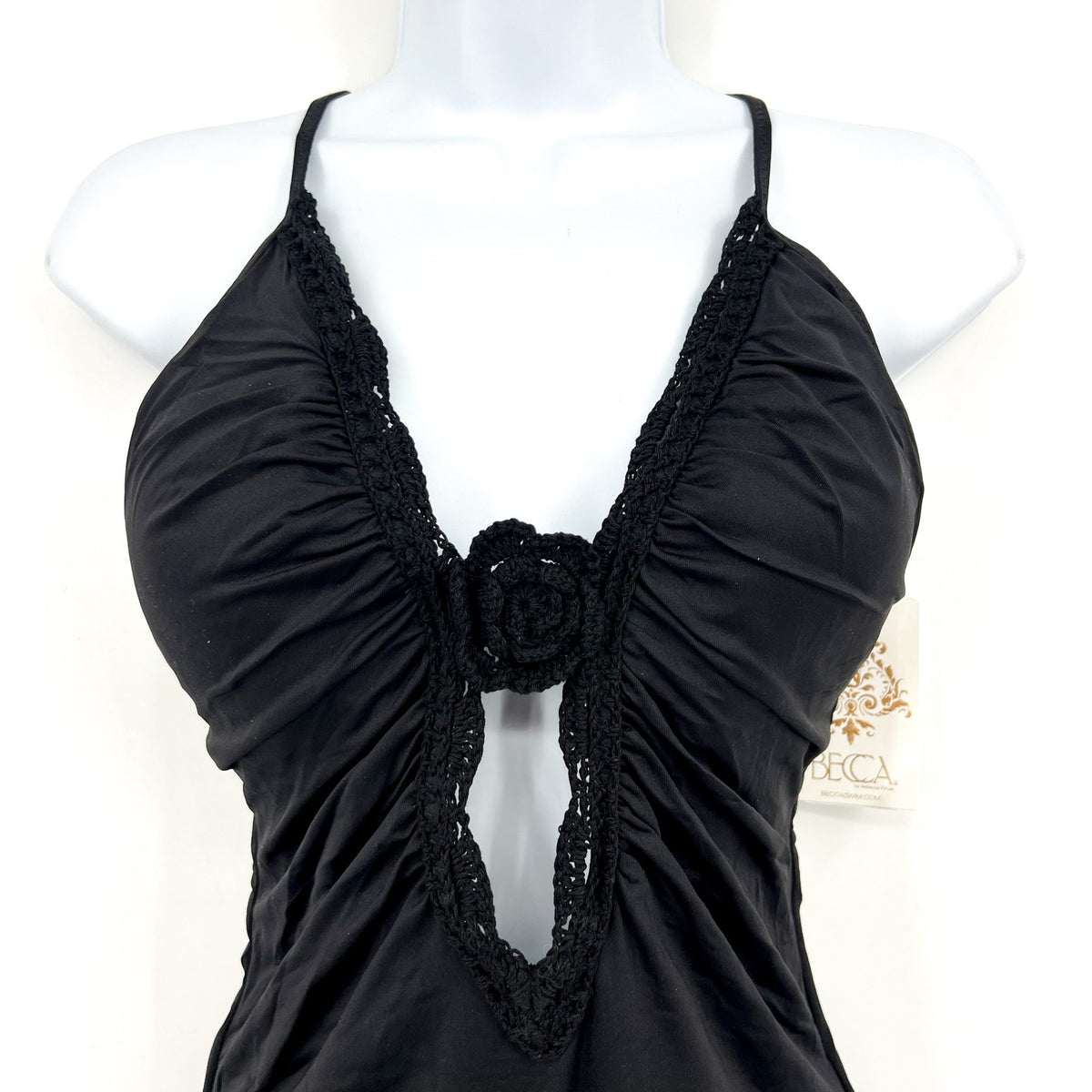 BECCA Colette Clare Plunge One Piece Swimsuit Large Black Crochet Flower NWT