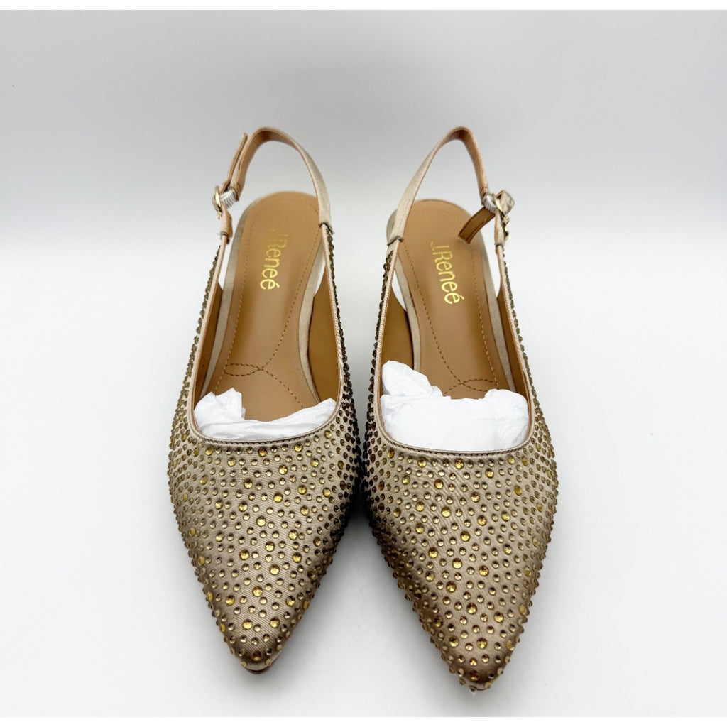 J. Renee Womens Ferryanne Kitten Heels Size 9 Wide Beige Satin Rhinestone NIB