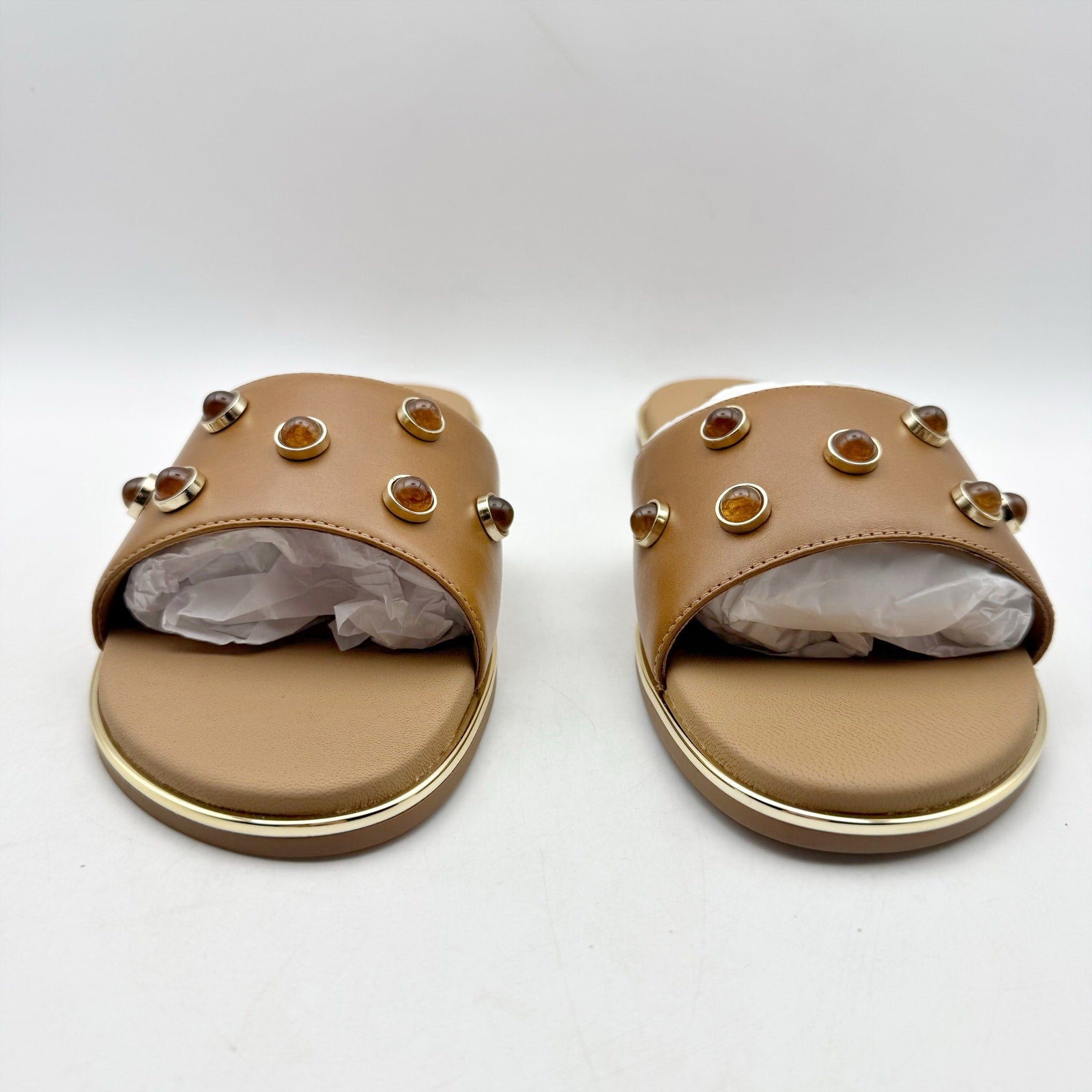 Johnston & Murphy Womens Shayla Slide Sandal US 10 M Tan Leather Embellished NIB