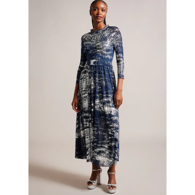 TED BAKER Iggiey Metallic Burnout Midi Dress Large US 12 Navy Blue NWT