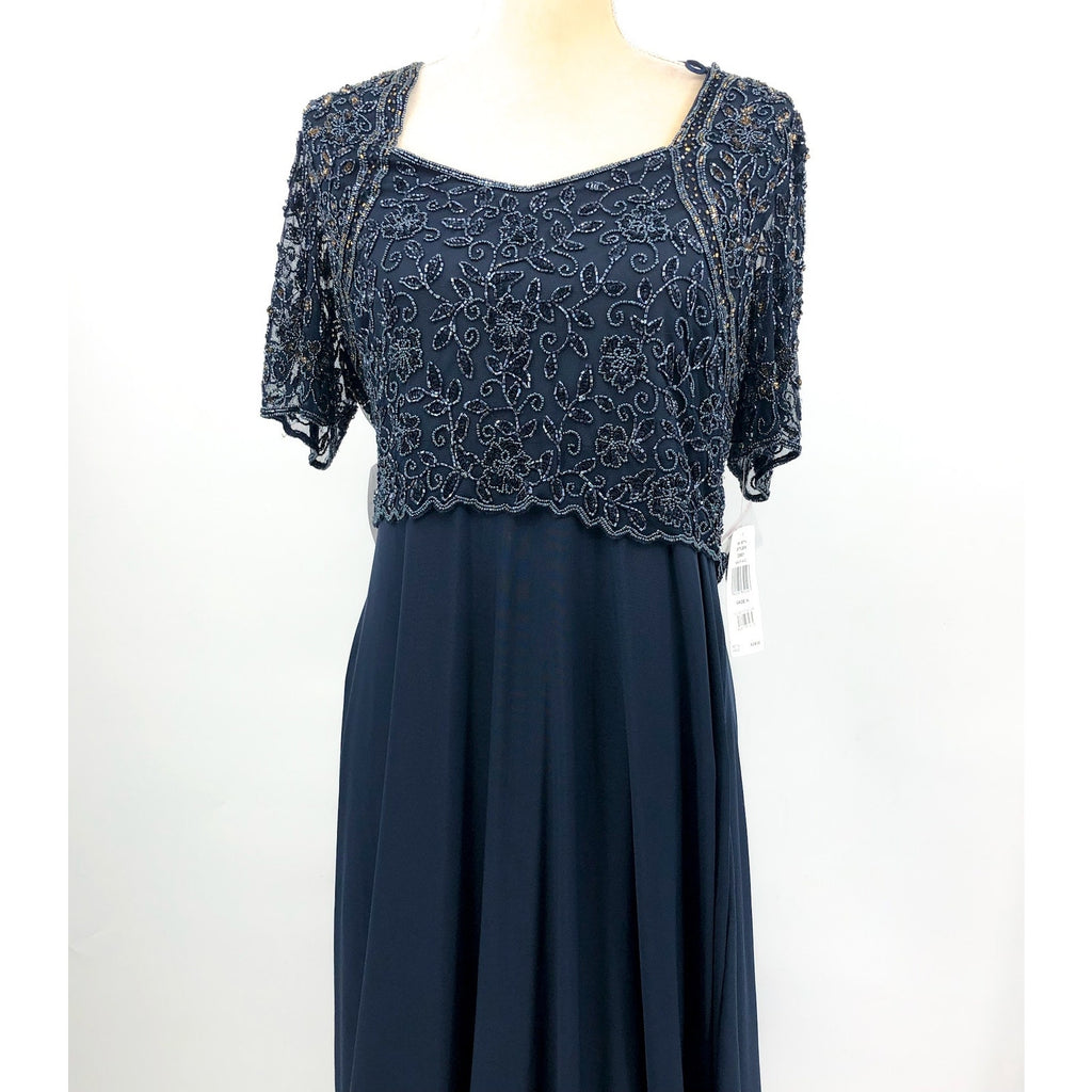 PISARRO NIGHTS Beaded Bodice A-Line Gown Size 12 Navy Blue Short Sleeve NWT