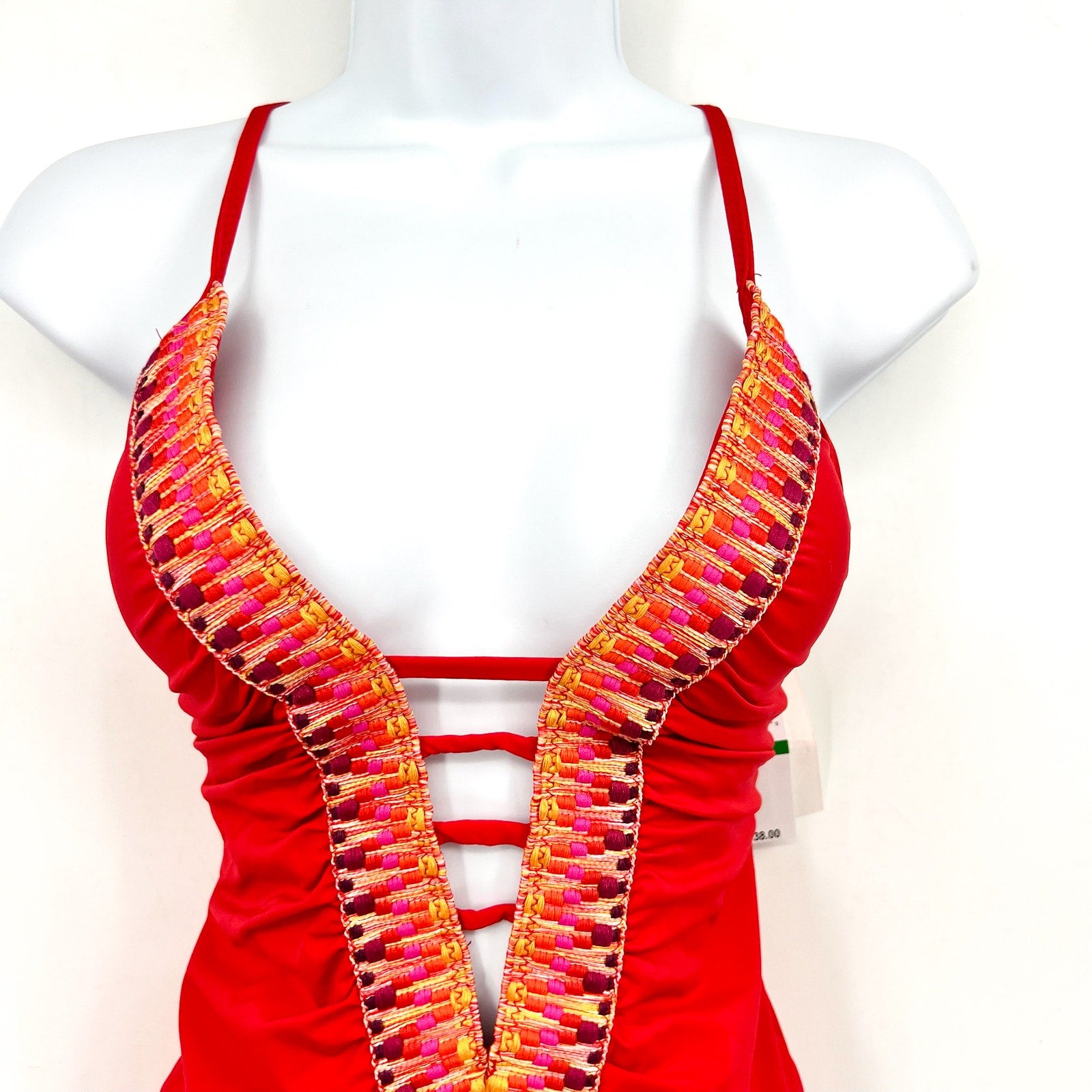 BECCA Fiesta Clare Plunge One Piece Swimsuit Large Fire Red Embroidered NWT