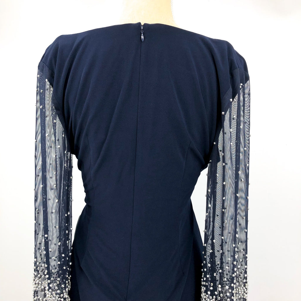ALEX EVEININGS Embellished Illusion Dress Size 12 Dark Navy Blue Jersey NWT
