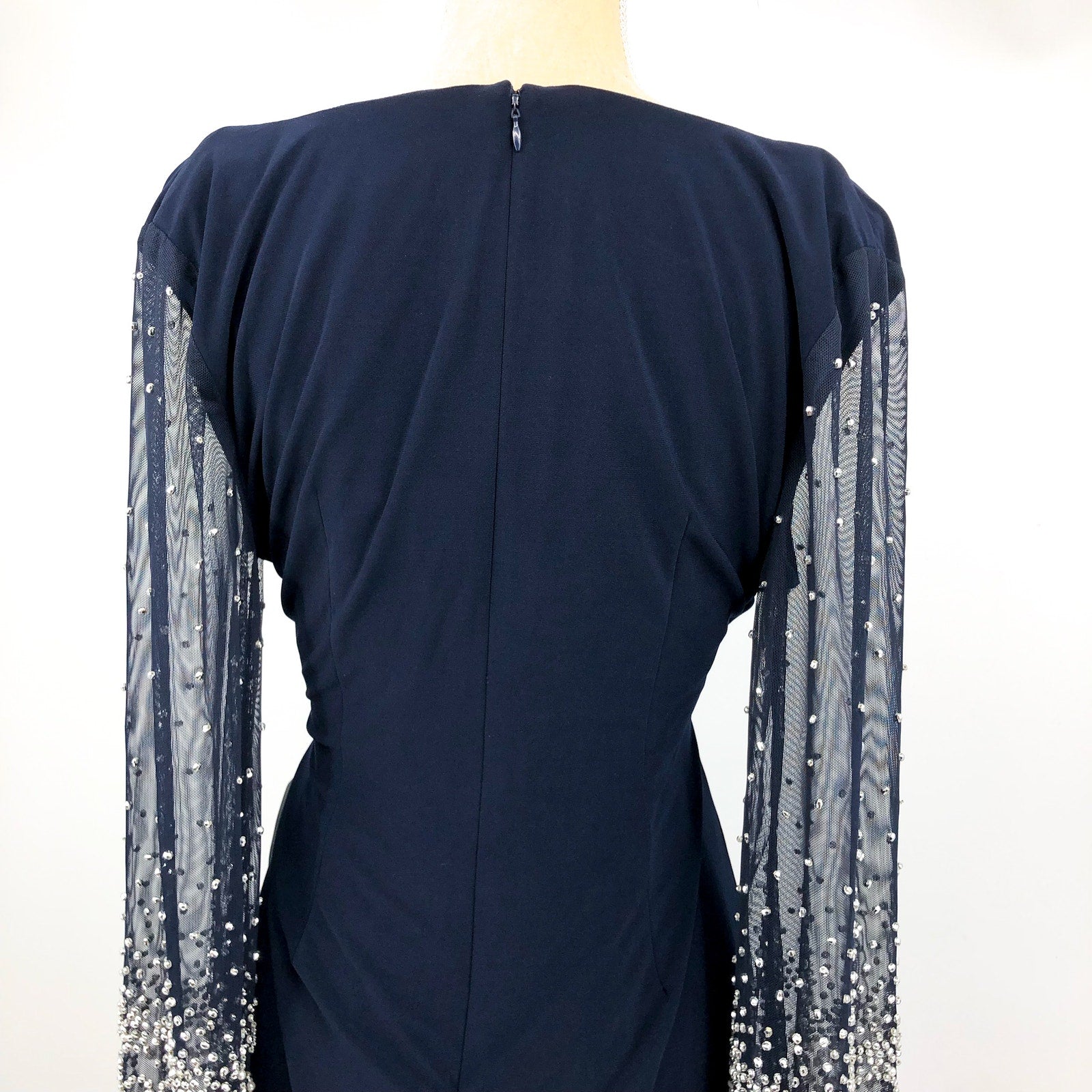 ALEX EVEININGS Embellished Illusion Dress Size 12 Dark Navy Blue Jersey NWT