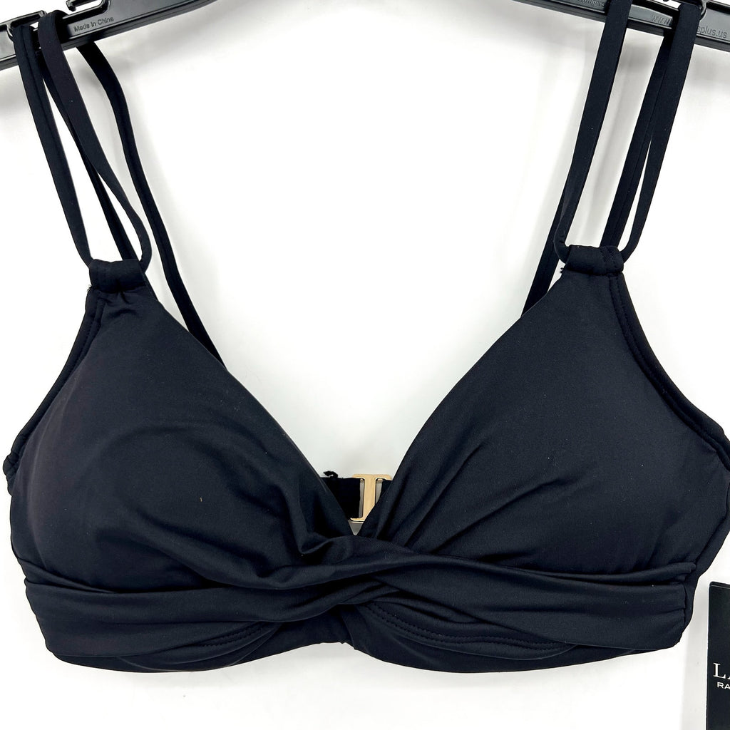 LAUREN RALPH LAUREN Double Strap Twist Bikini Top Size 4 Black Underwire NWT