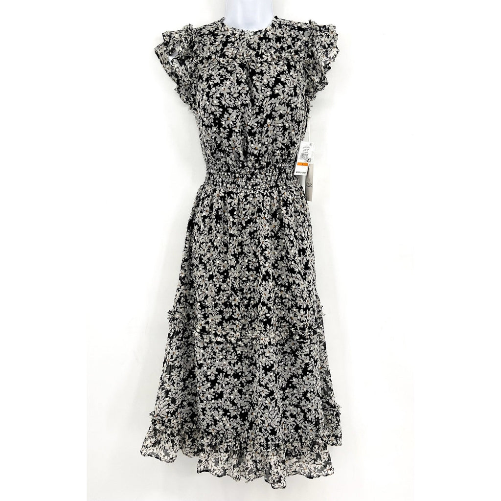 CECE Women's Floral Print Midi Dress Small Black White Smocked Waist NWT
