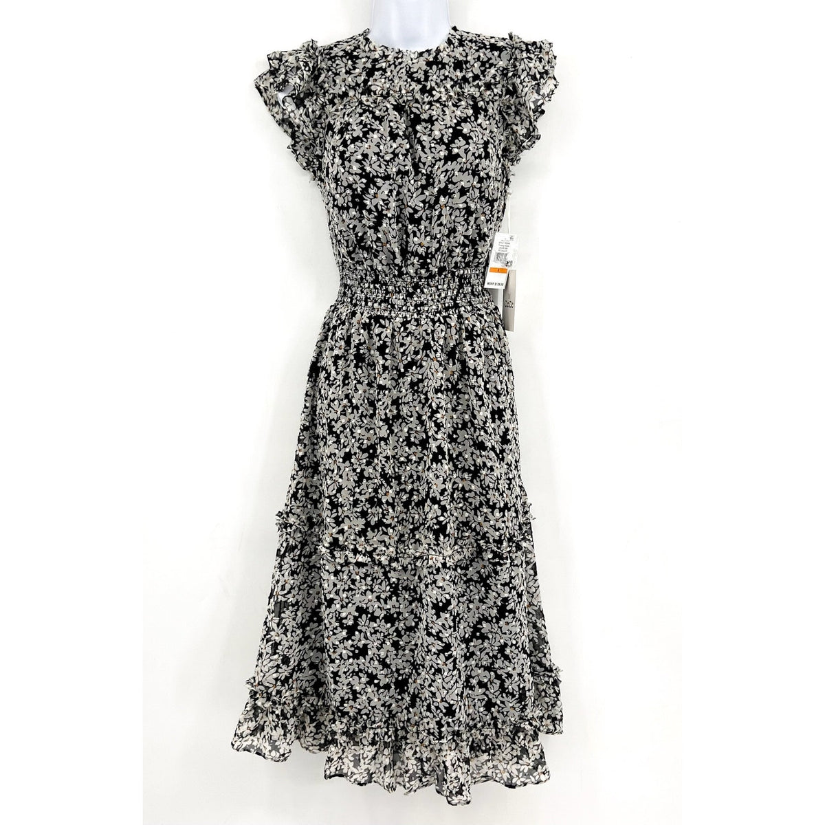 CECE Women's Floral Print Midi Dress Small Black White Smocked Waist NWT