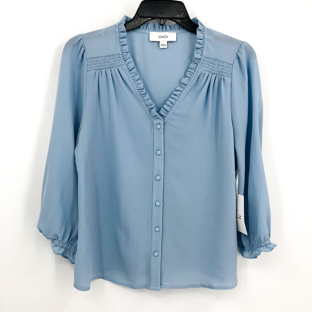 CECE Women's Ruffled Popover Blouse Small Blue Air V Neck 3/4-Sleeve NWT