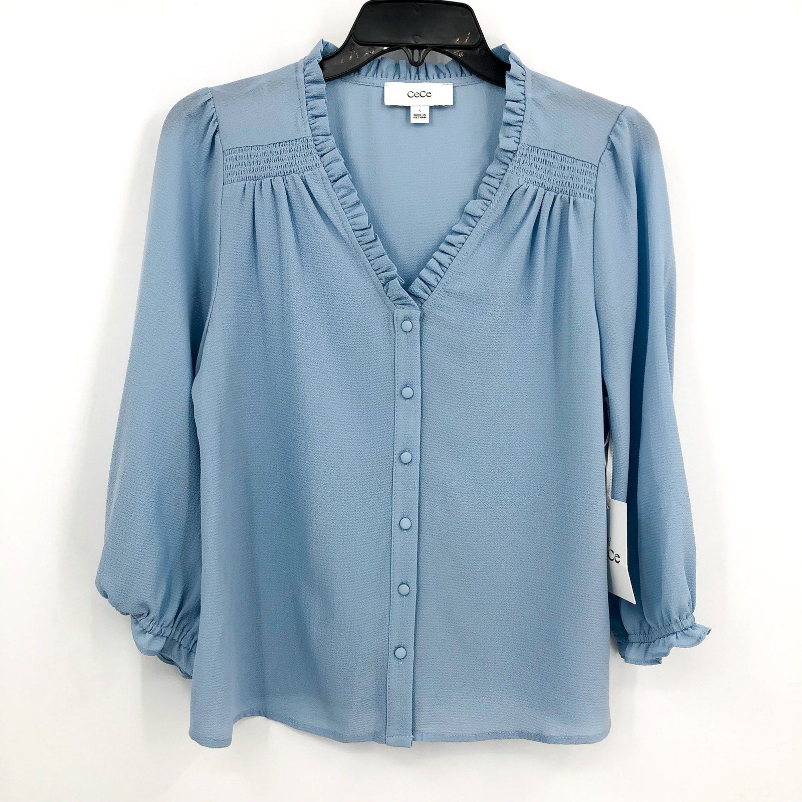 CECE Women's Ruffled Popover Blouse Small Blue Air V Neck 3/4-Sleeve NWT