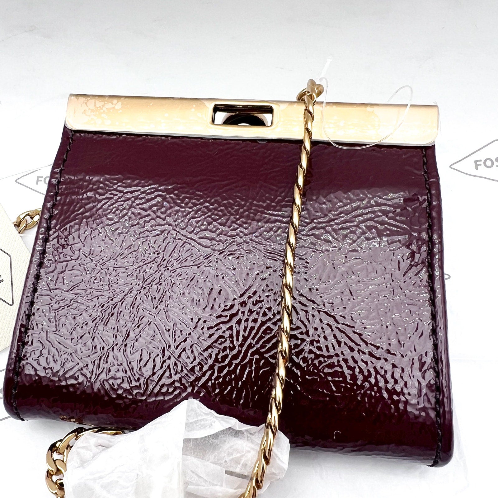 FOSSIL Penrose Wallet Crossbody Bag Small Red Mahogany Chain Strap NWT